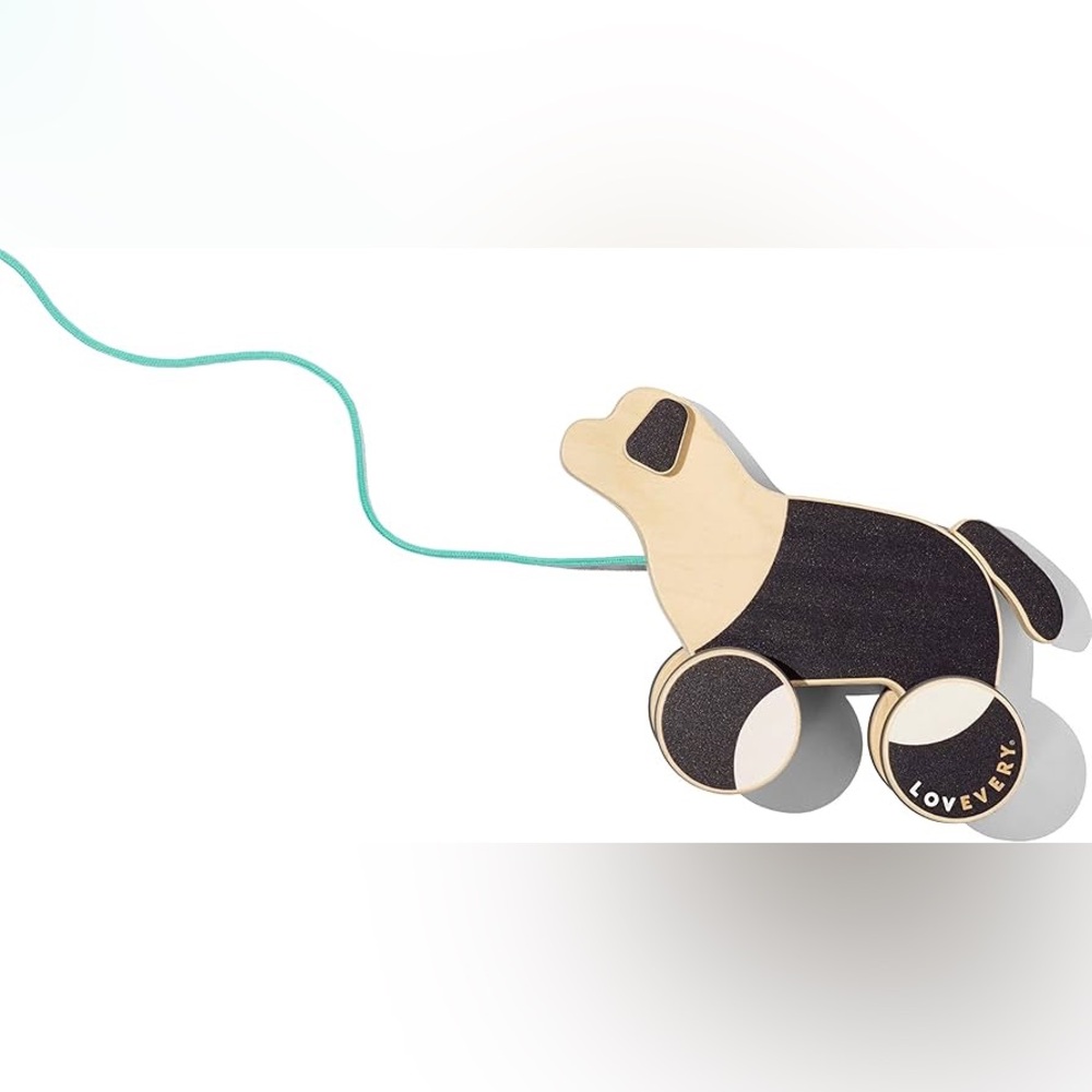 LOVEVERY |The Pull Pup | Wooden Push‎ Pull Toy, Black/White/Natural Wood toddler